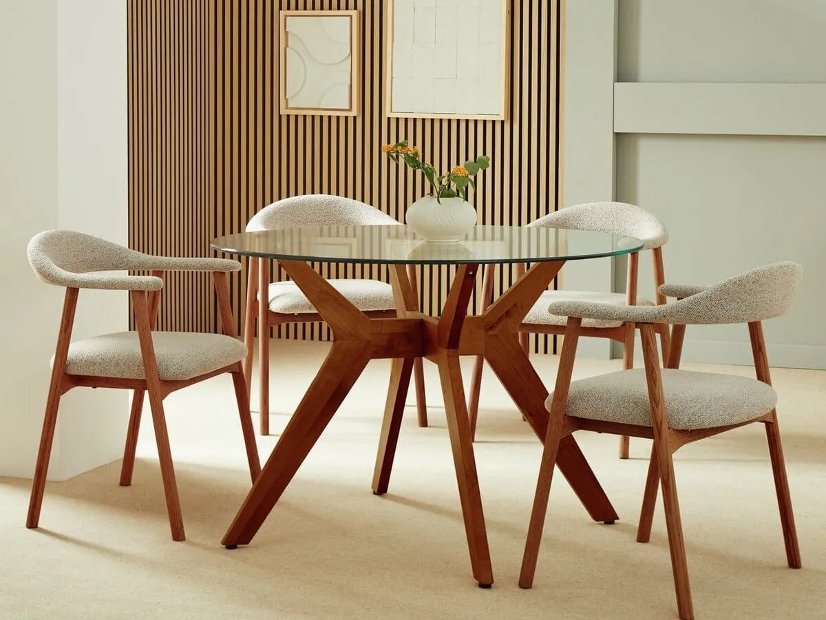 Round glass dining table with walnut base