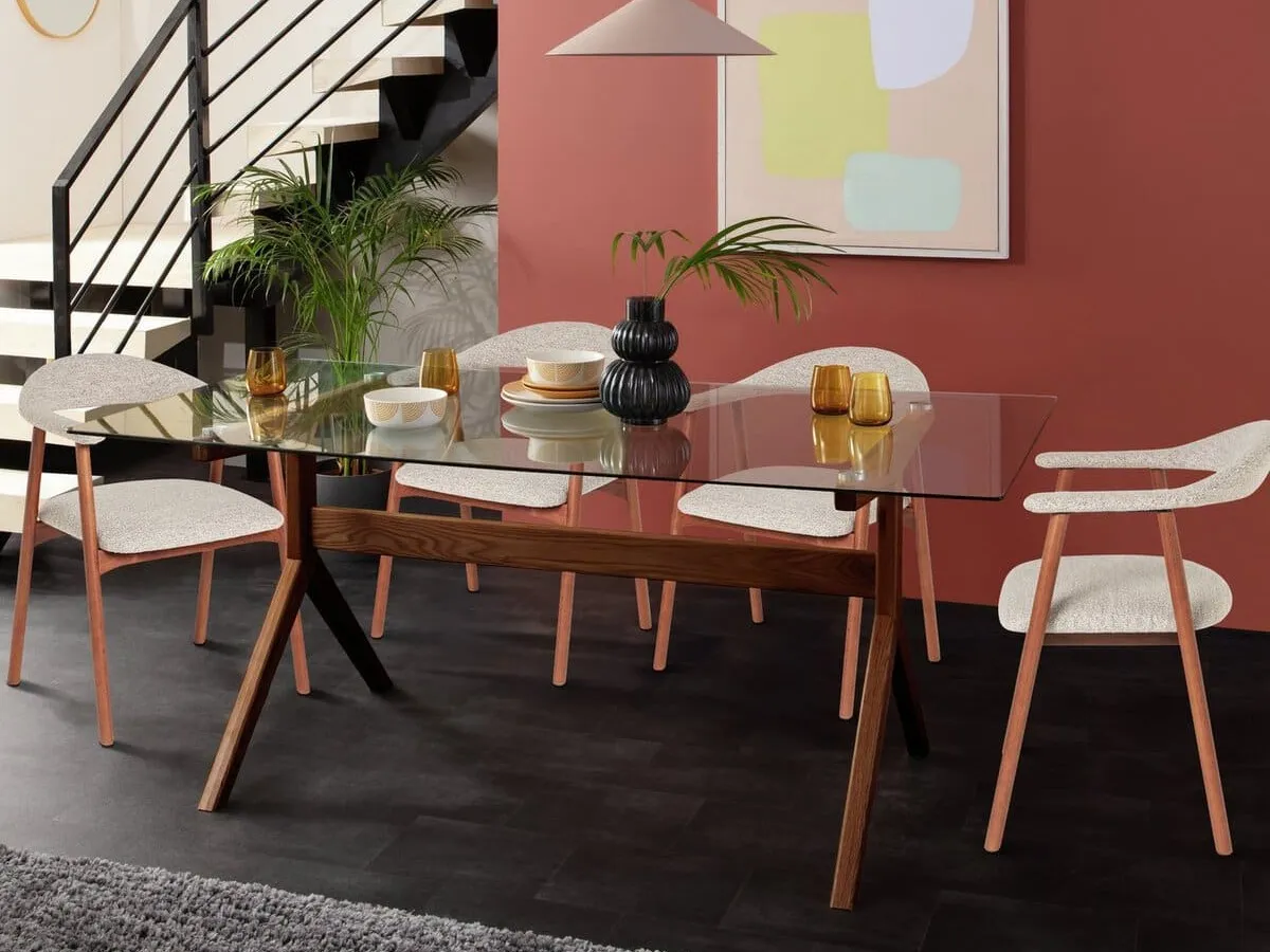 Rectangular glass dining table with walnut base