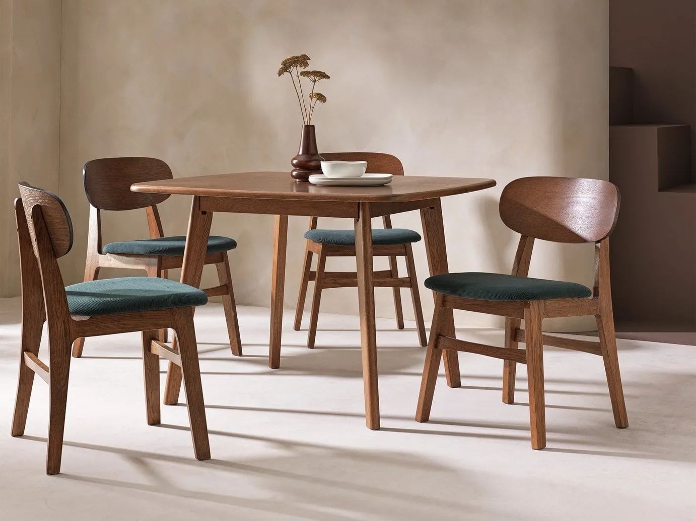 Sqaure walnut dining table and 4 chairs