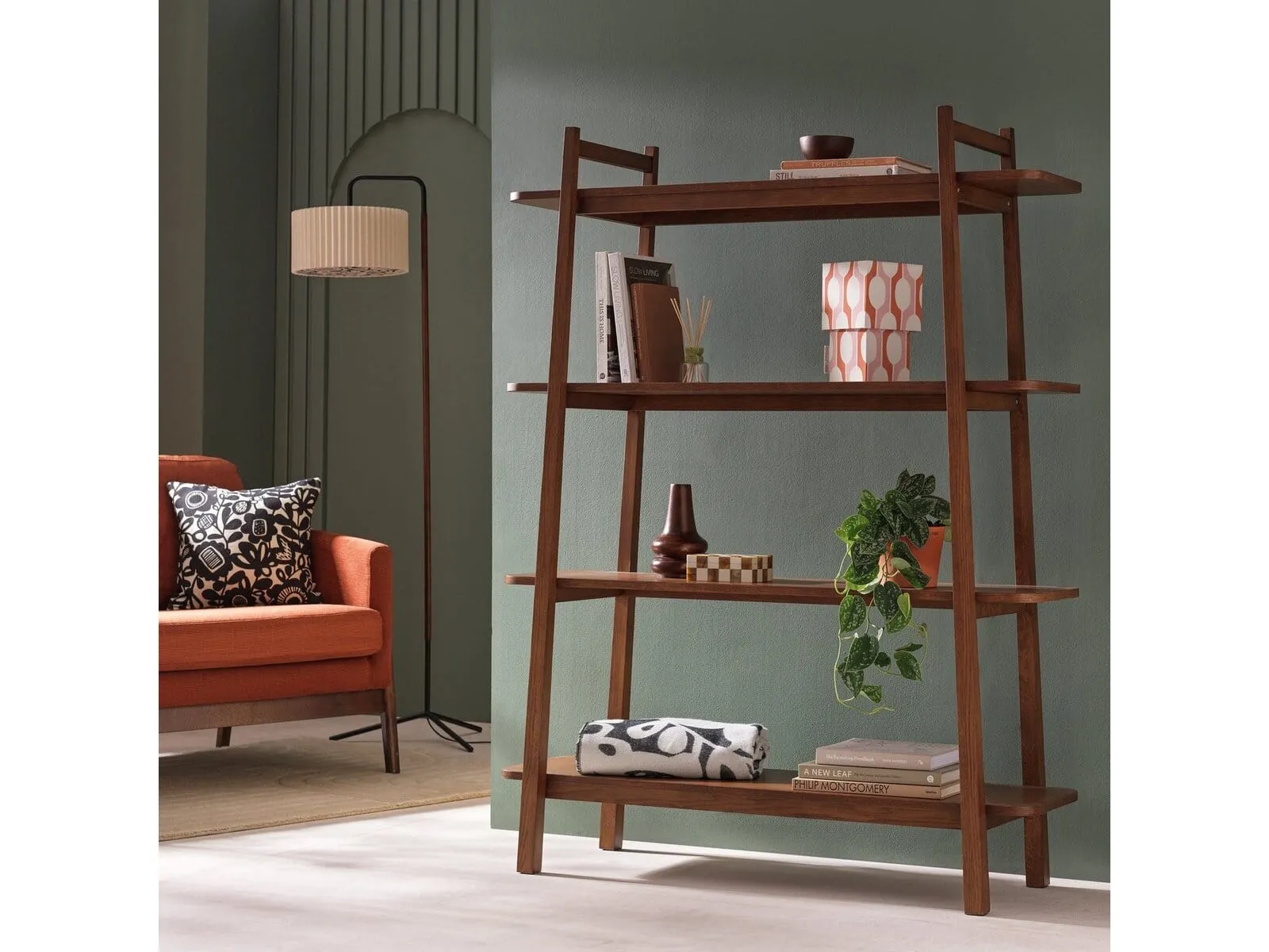Mid-Century style walnut  4-tier shelving unit with sloped frame