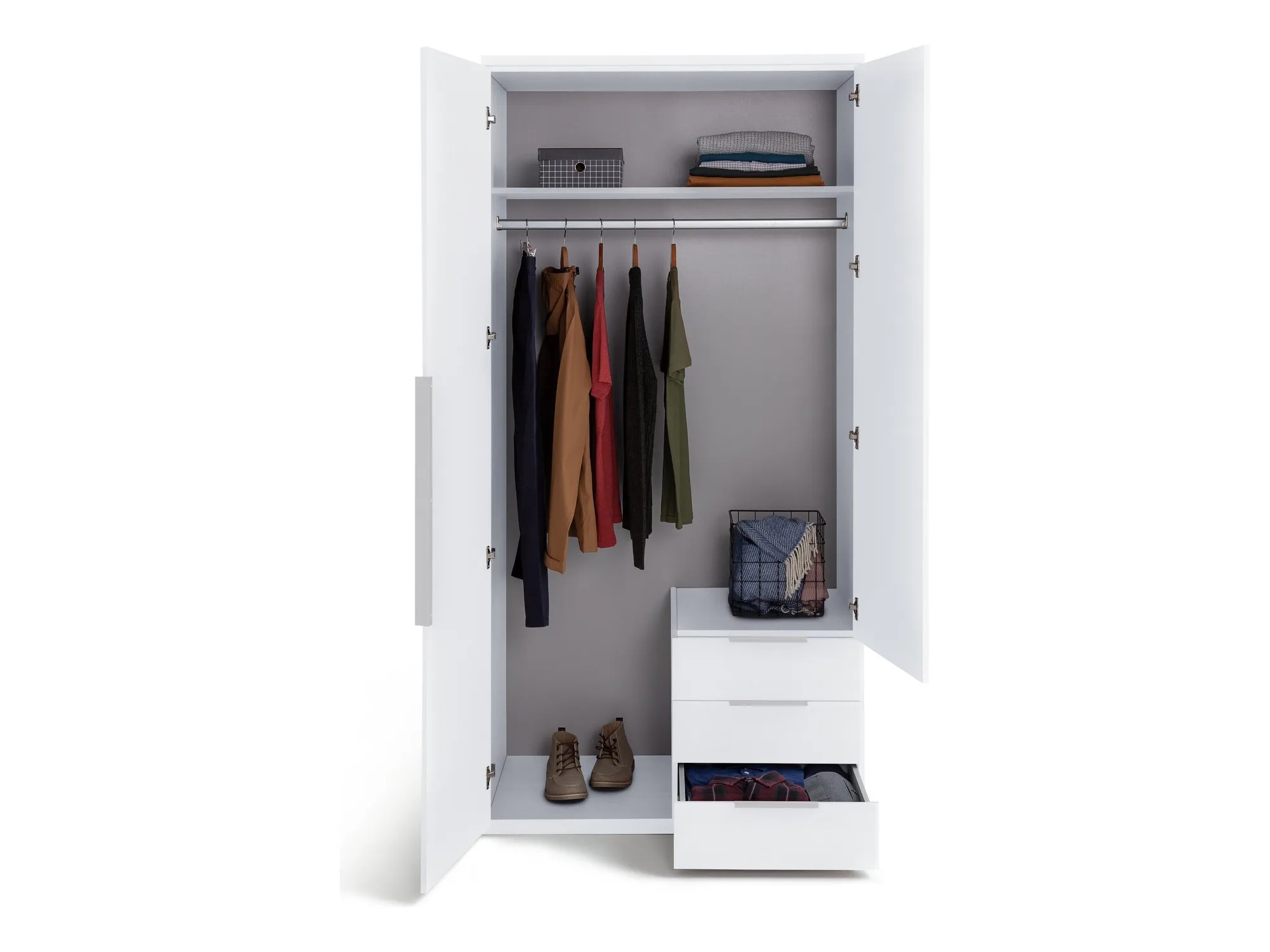 White 2-door wardrobe with mirror and 3 drawers