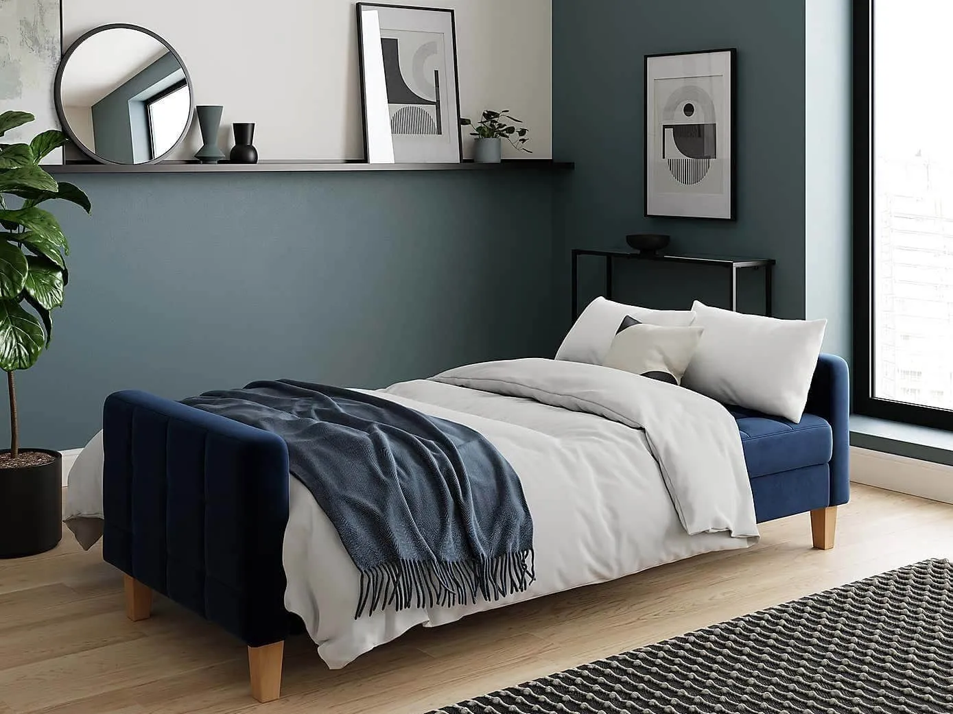 Blue fabric sofa bed