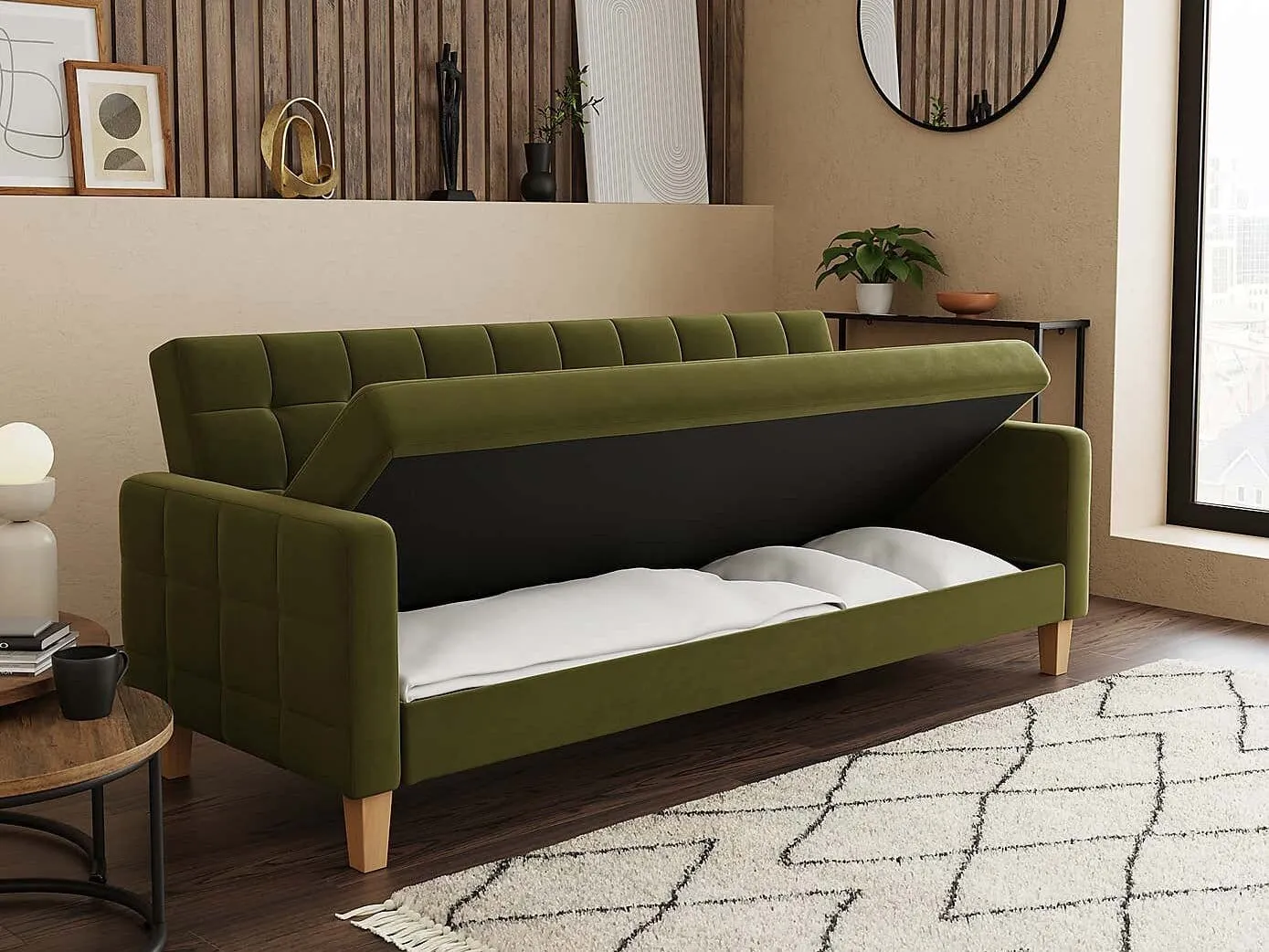 Green velvet sofa bed with hidden storage
