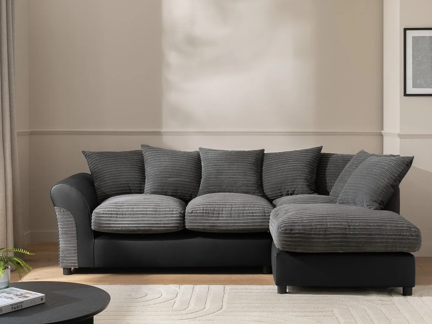 Grey corded fabric corner sofa