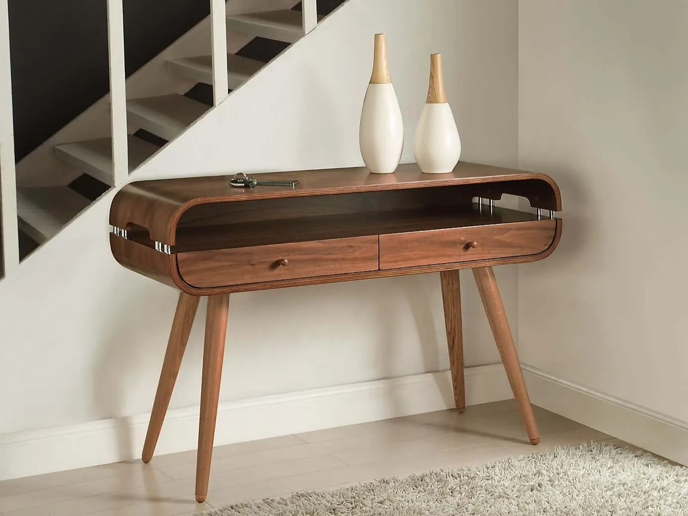 Curved top 2-drawer console table with walnut finish