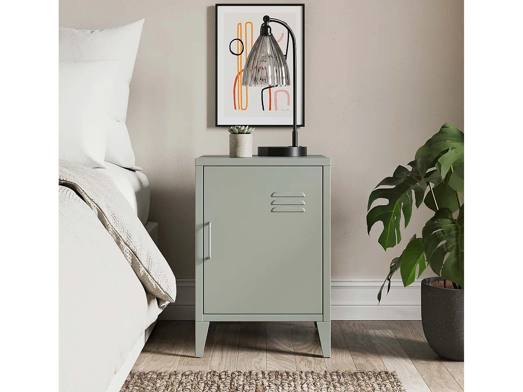 Sage-green locker-style bedside cabinet