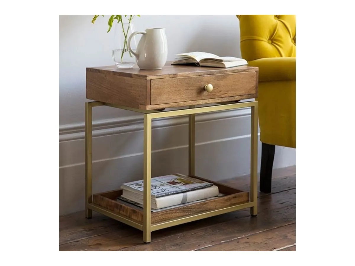 Single drawer mango wood side table with brass frame