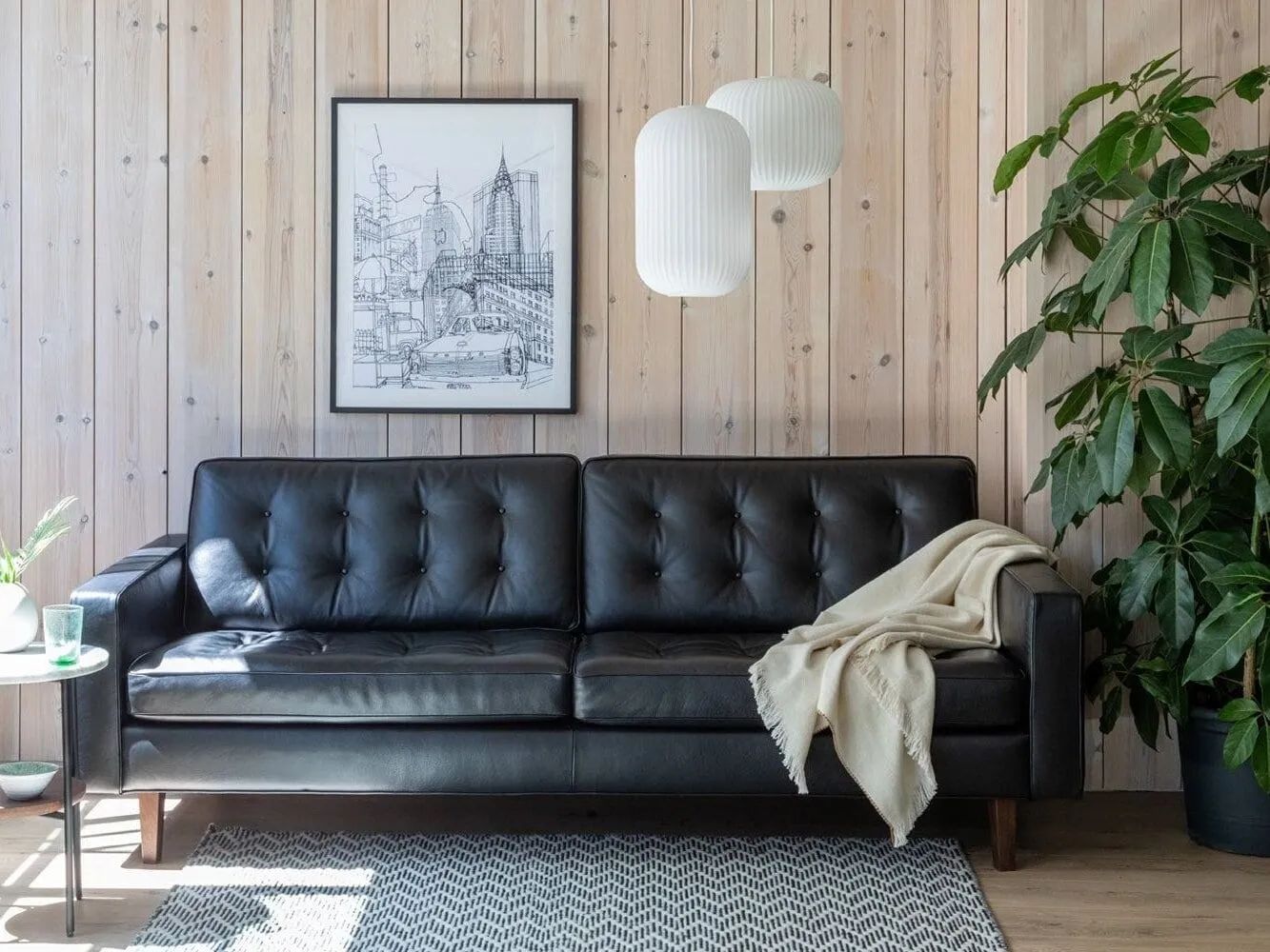 3-seater button back leather sofa black