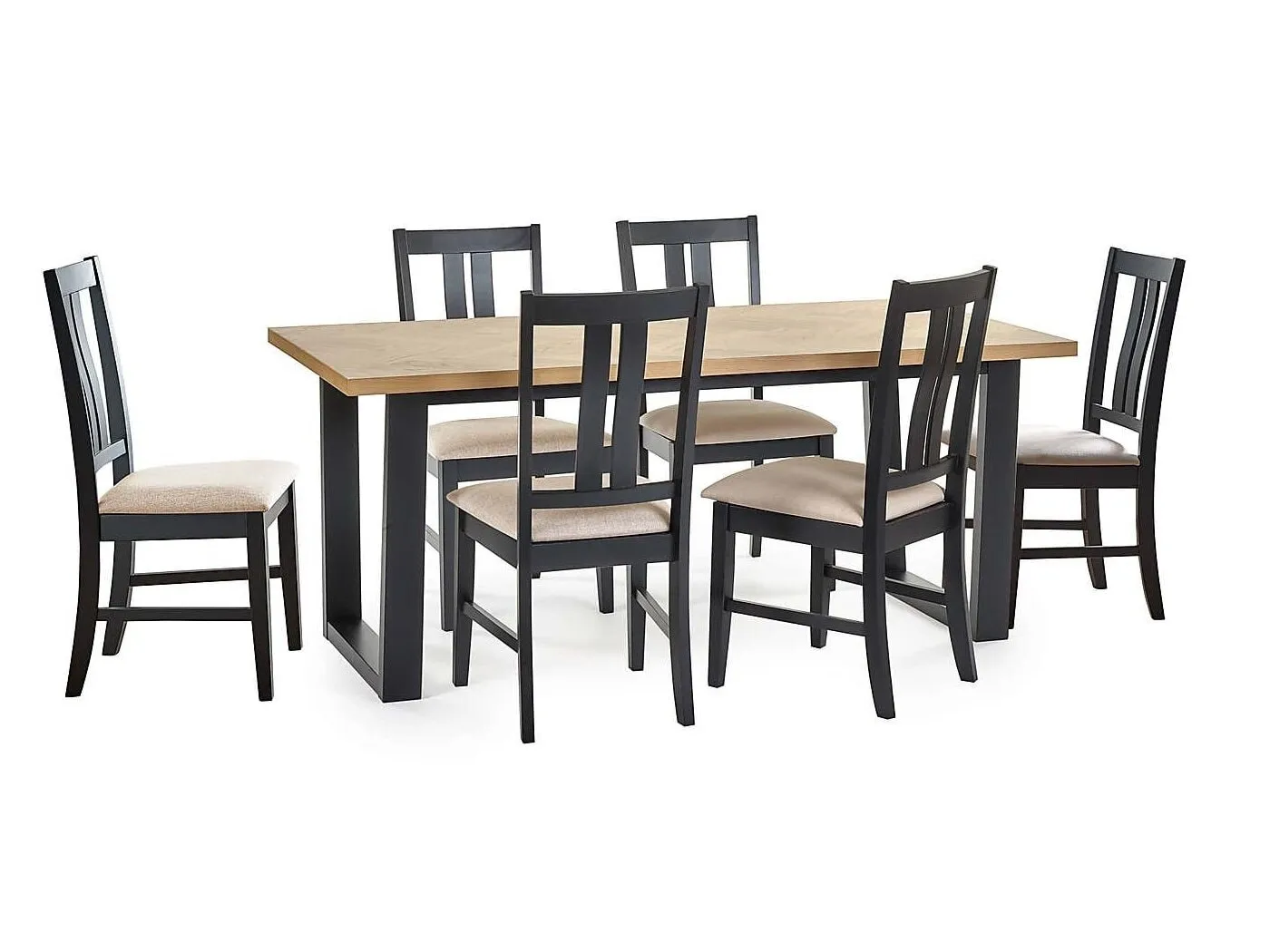 Black frame dining table with oak top and 6 matching chairs