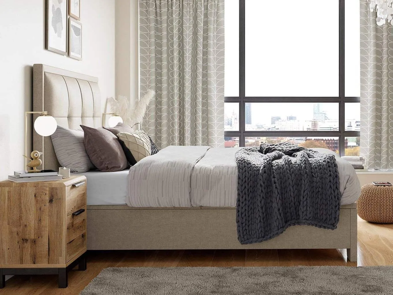 Oatmeal fabric bed frame side view