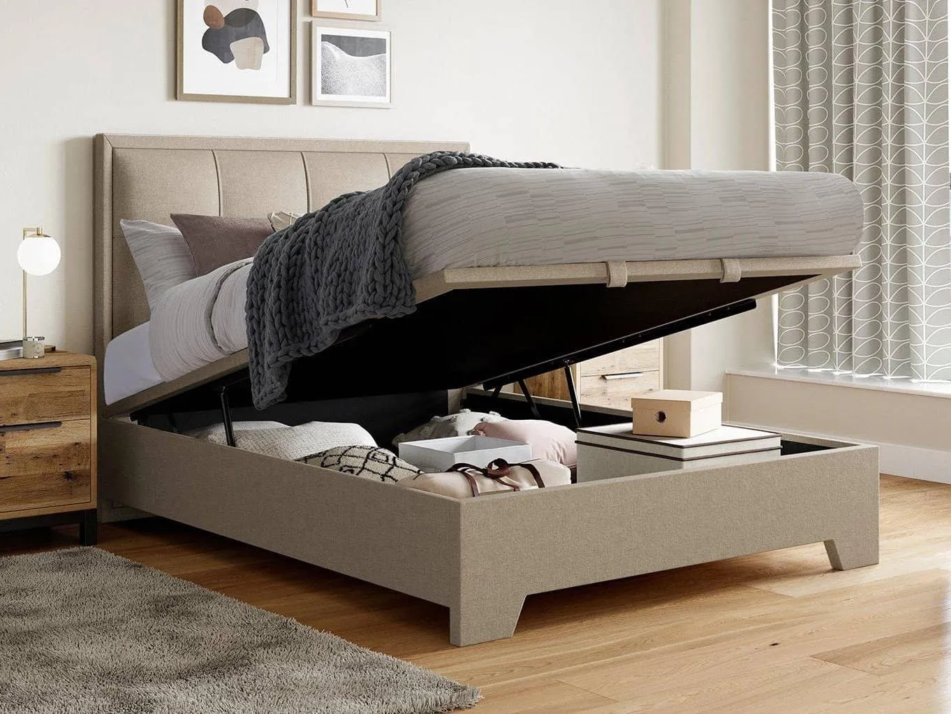 Oatmeal fabric ottoman storage bed