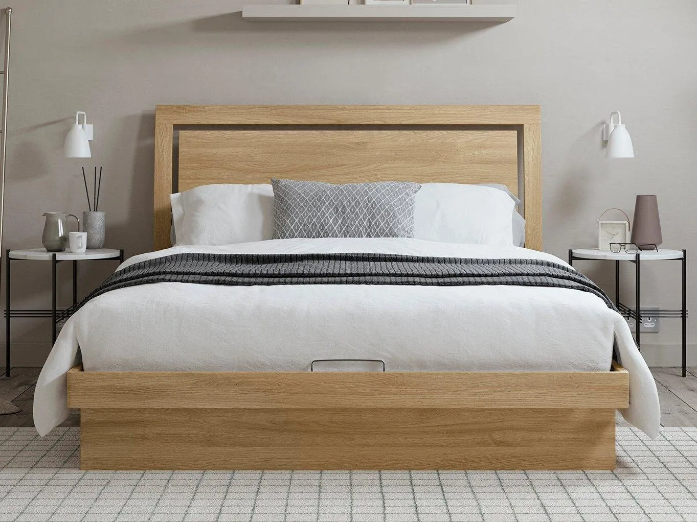 Oak finish storage bed with cut-out detail headboard