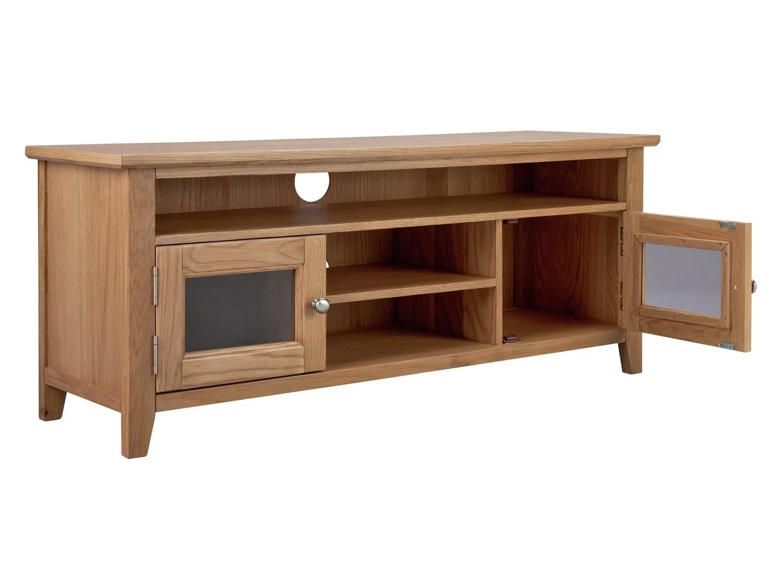 Oak tv unit with opens shelving and cable access