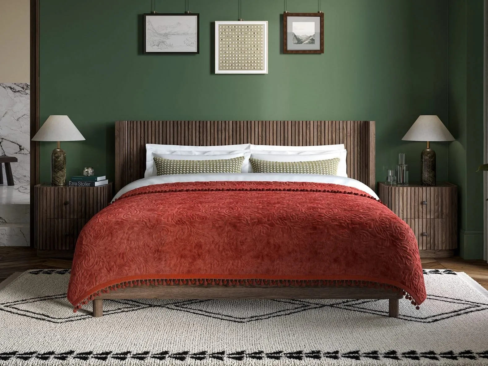 Dark wood bed frame with slatted headboard