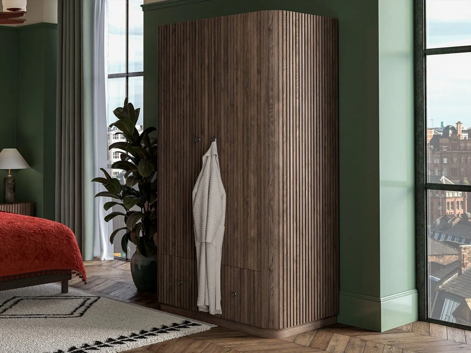 Dark wood wardrobe with rounded slatted design