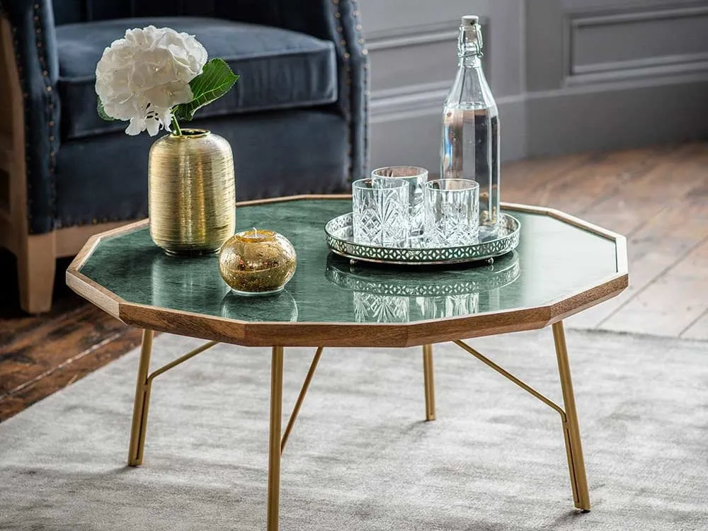 12-sided, marble coffee table with mango wood surround and brass coloured metal legs