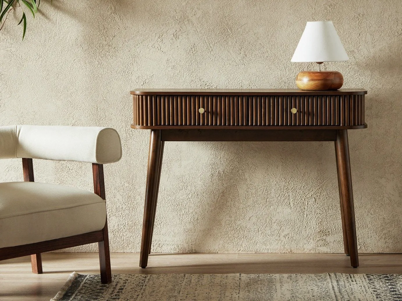 2-drawer console table with a fluted walnut finish