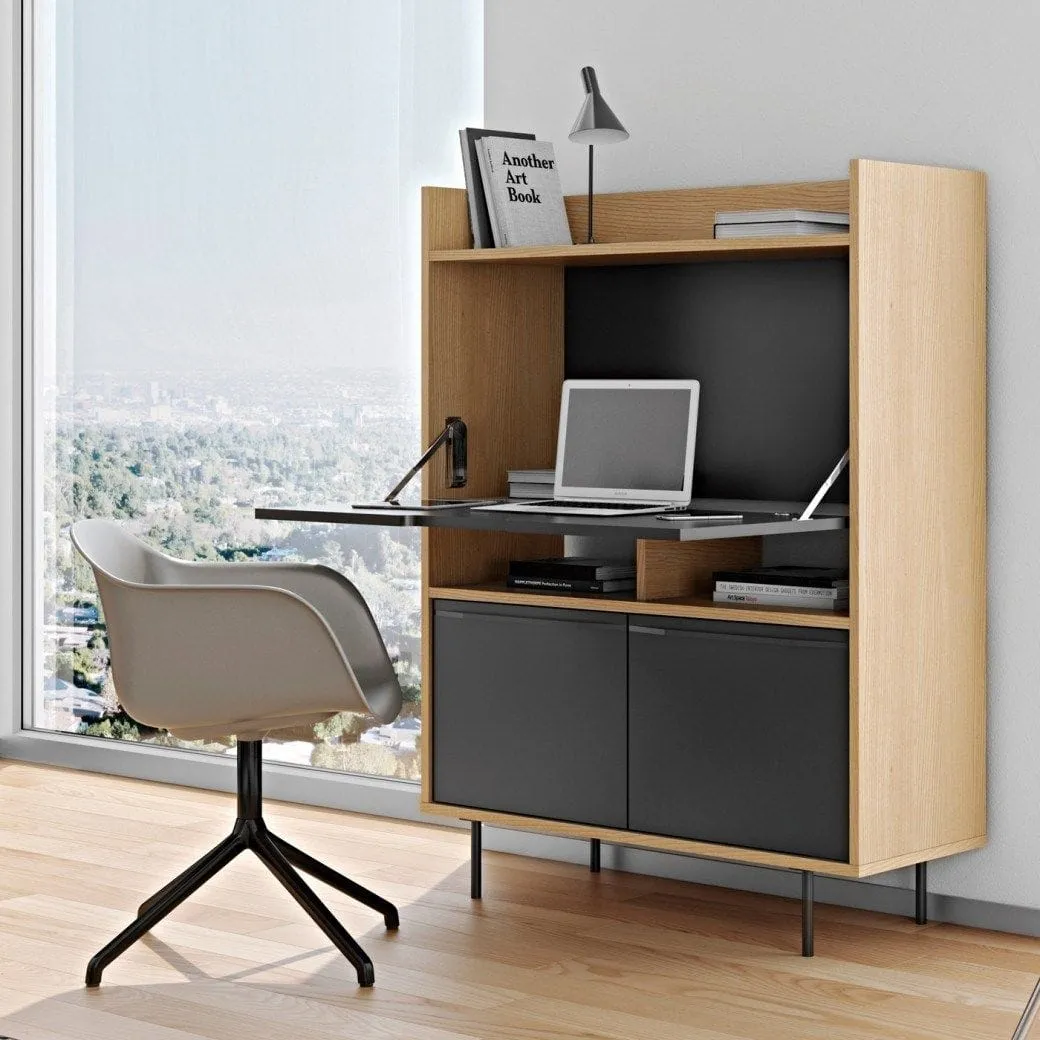 Oak and black cabinet with desk area