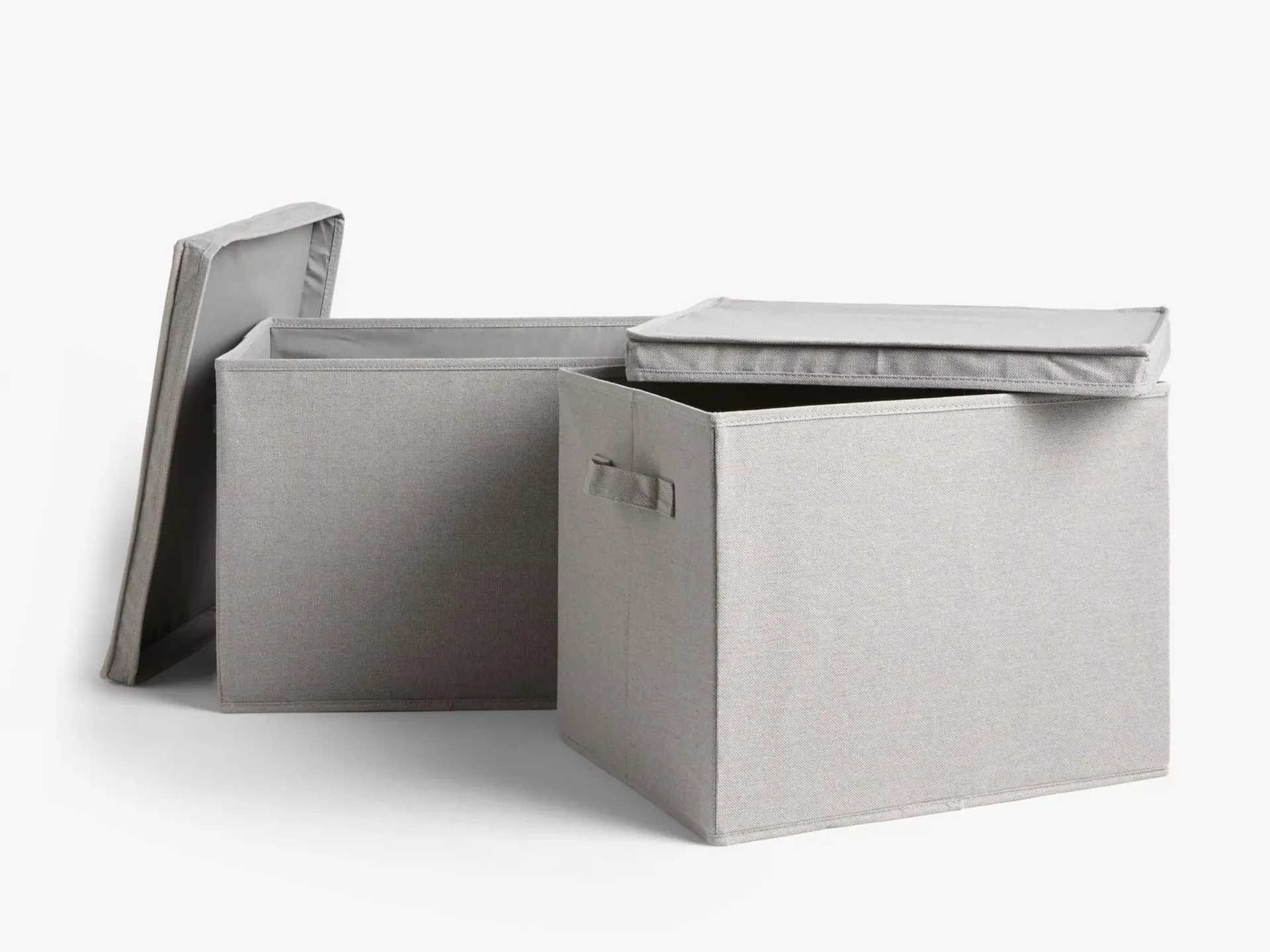 Grey fabric storage boxes with lids
