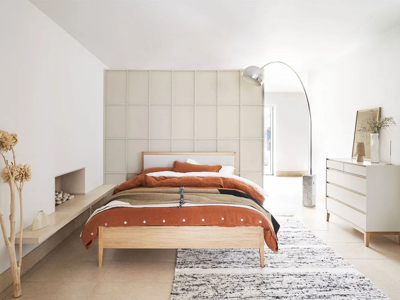 Oak bed frame with cashmere fabric headboard