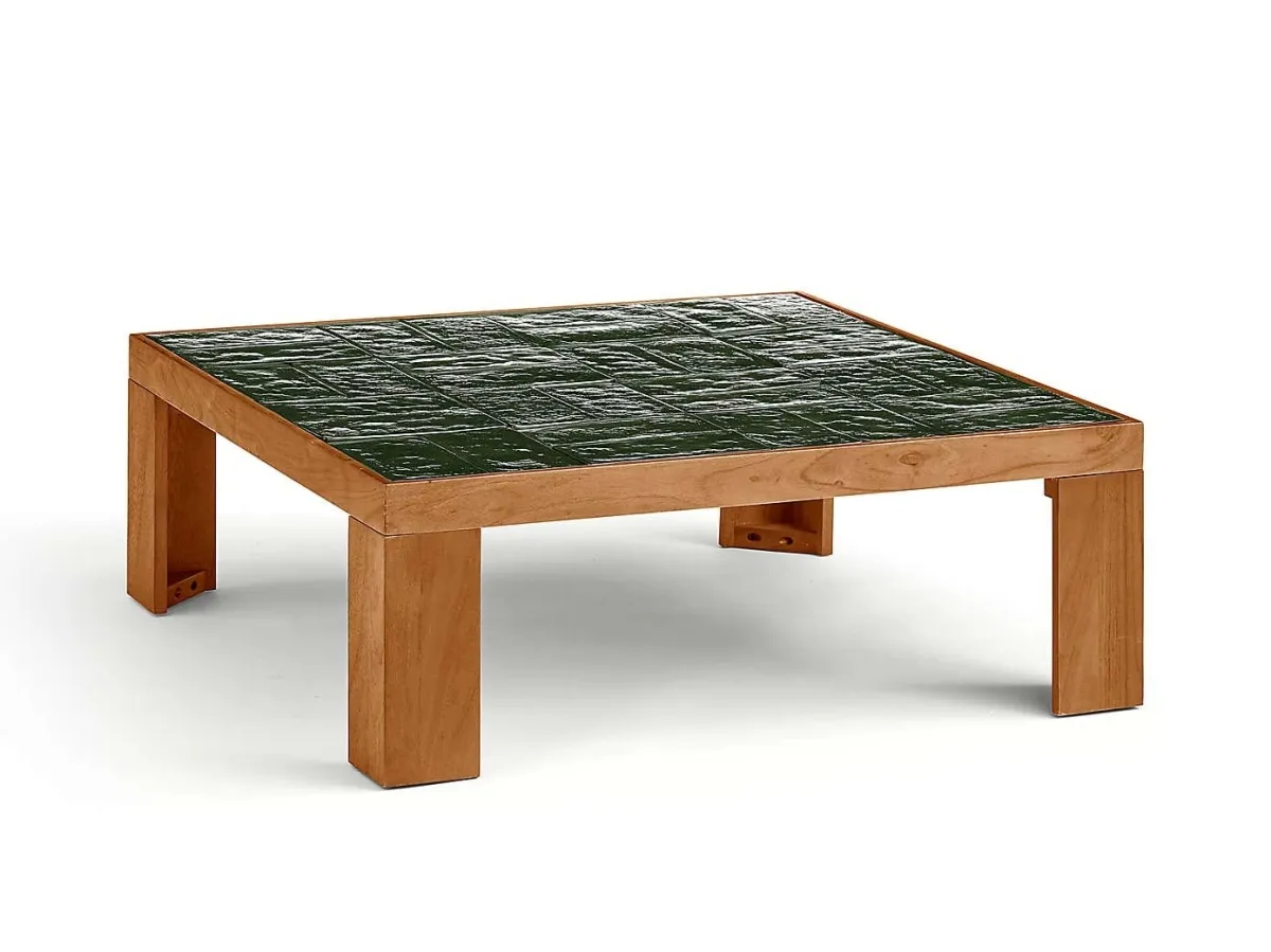 Square coffee table with wooden frame and emerald glass top