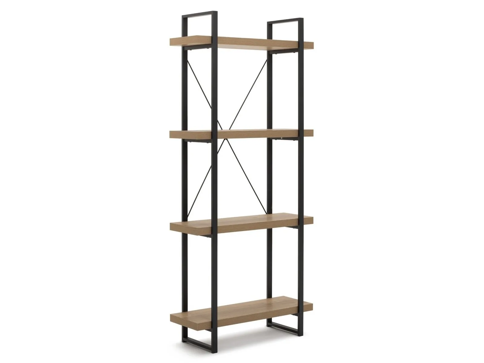 4-tier unit with black metal frame and oak shelves