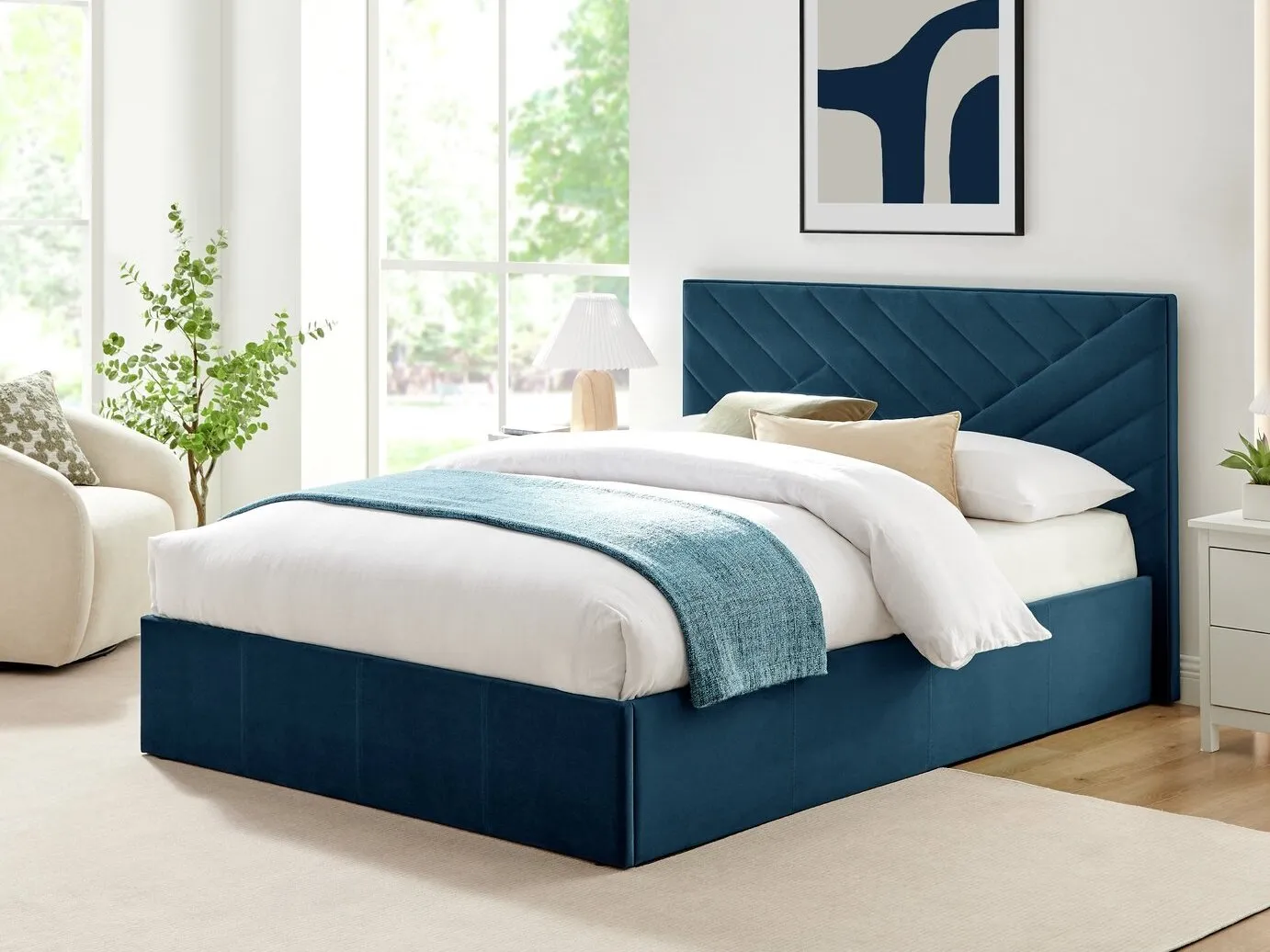 Latte fabric upholstered bed with geometric pattern headboard