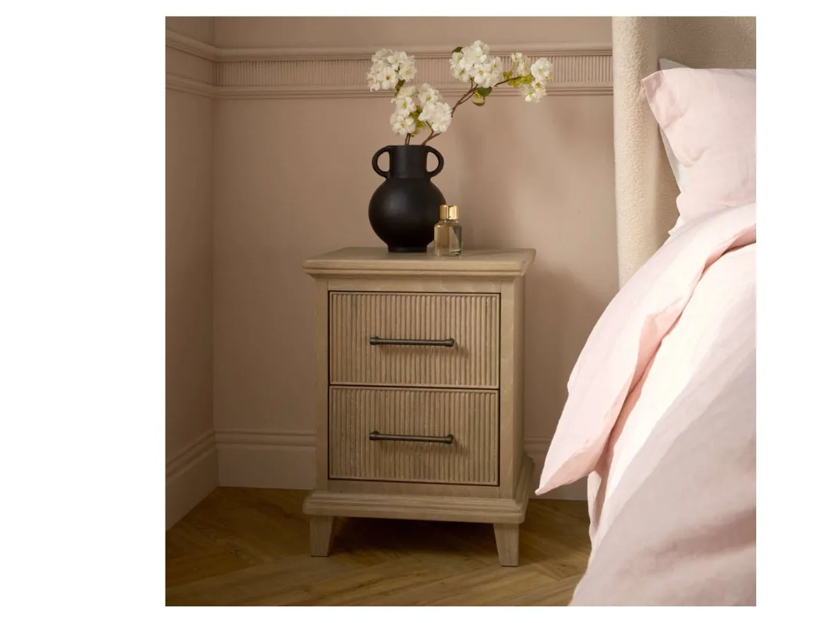 Oak bedside table with two ribbed drawers