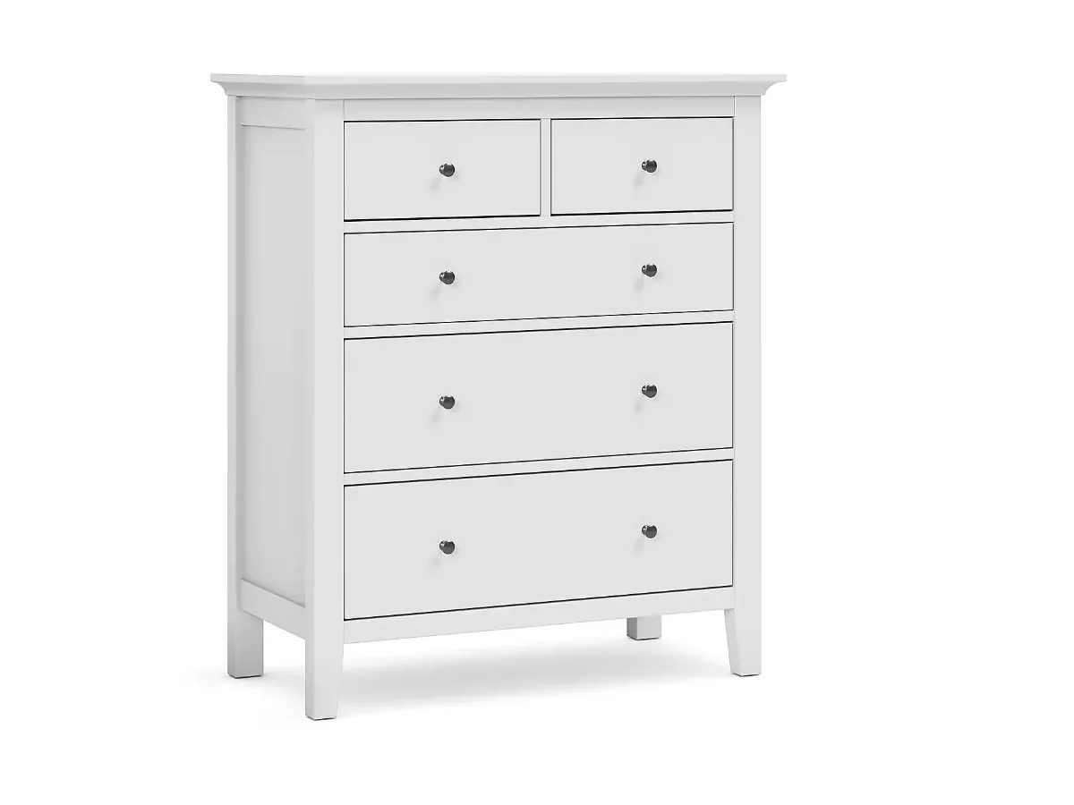 White 5-drawer chest and white single wardrobe