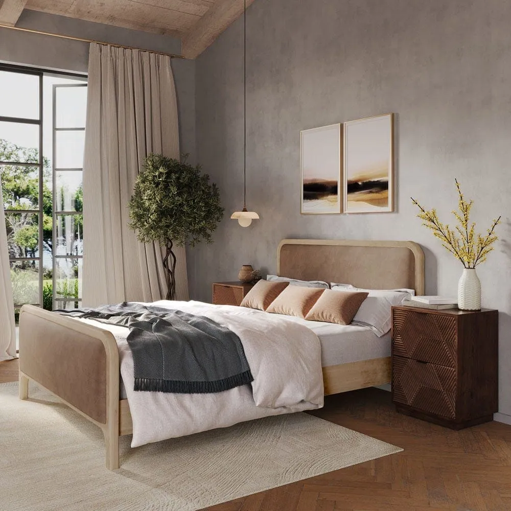 Wooden frame bed with nude velvet upholstered top and tail