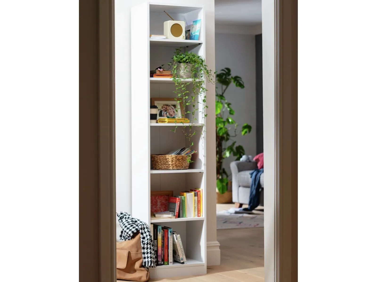 White narrow bookcase