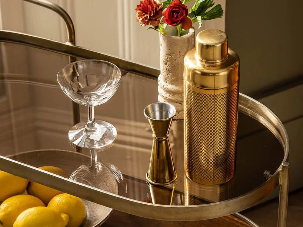 Brass-framed drinks trolley
