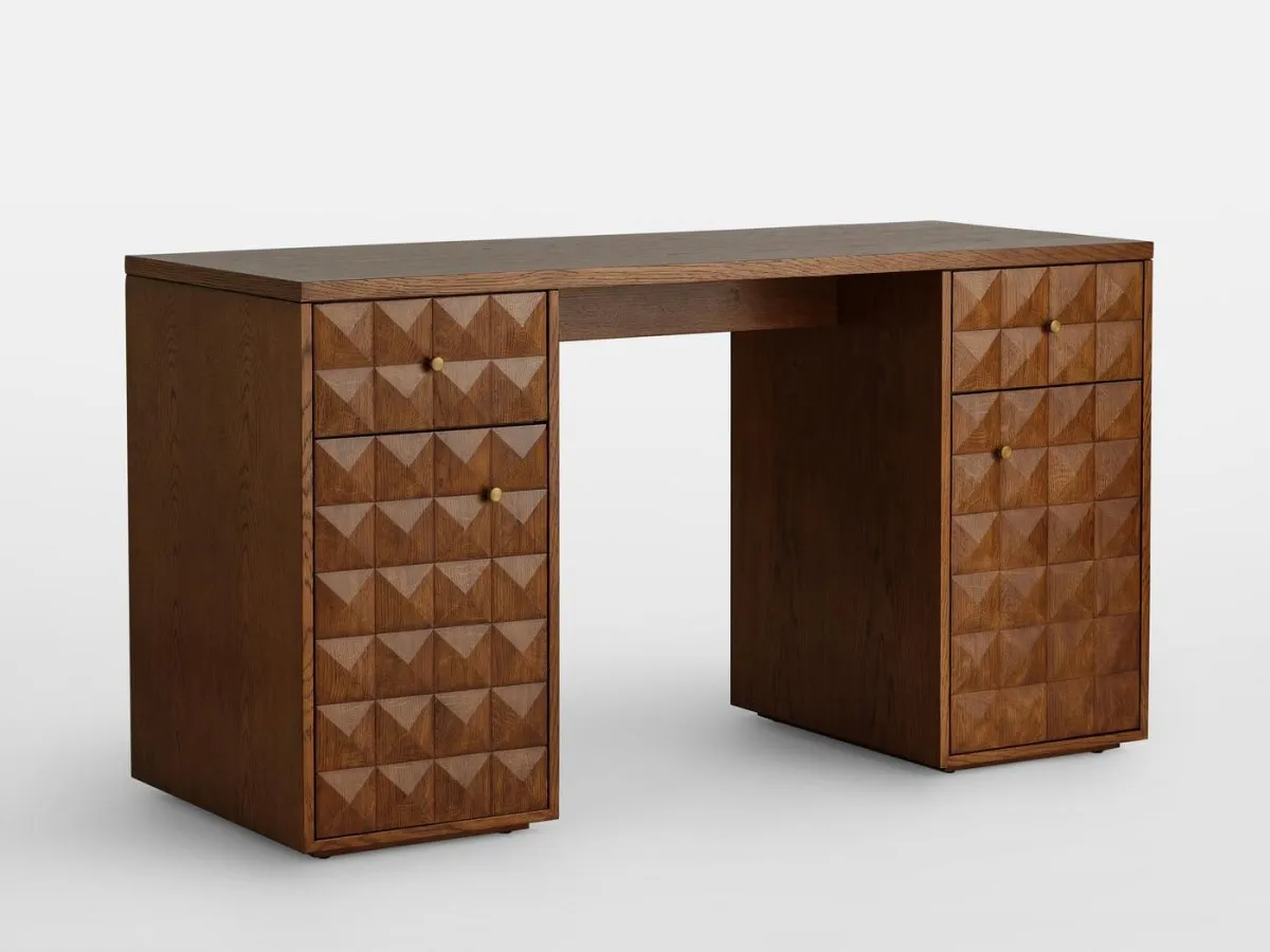 Twin pedesatl oak desk with geometric patterned drawers