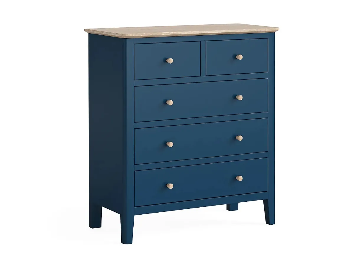 Navy 5-drawer chest with oak finish top