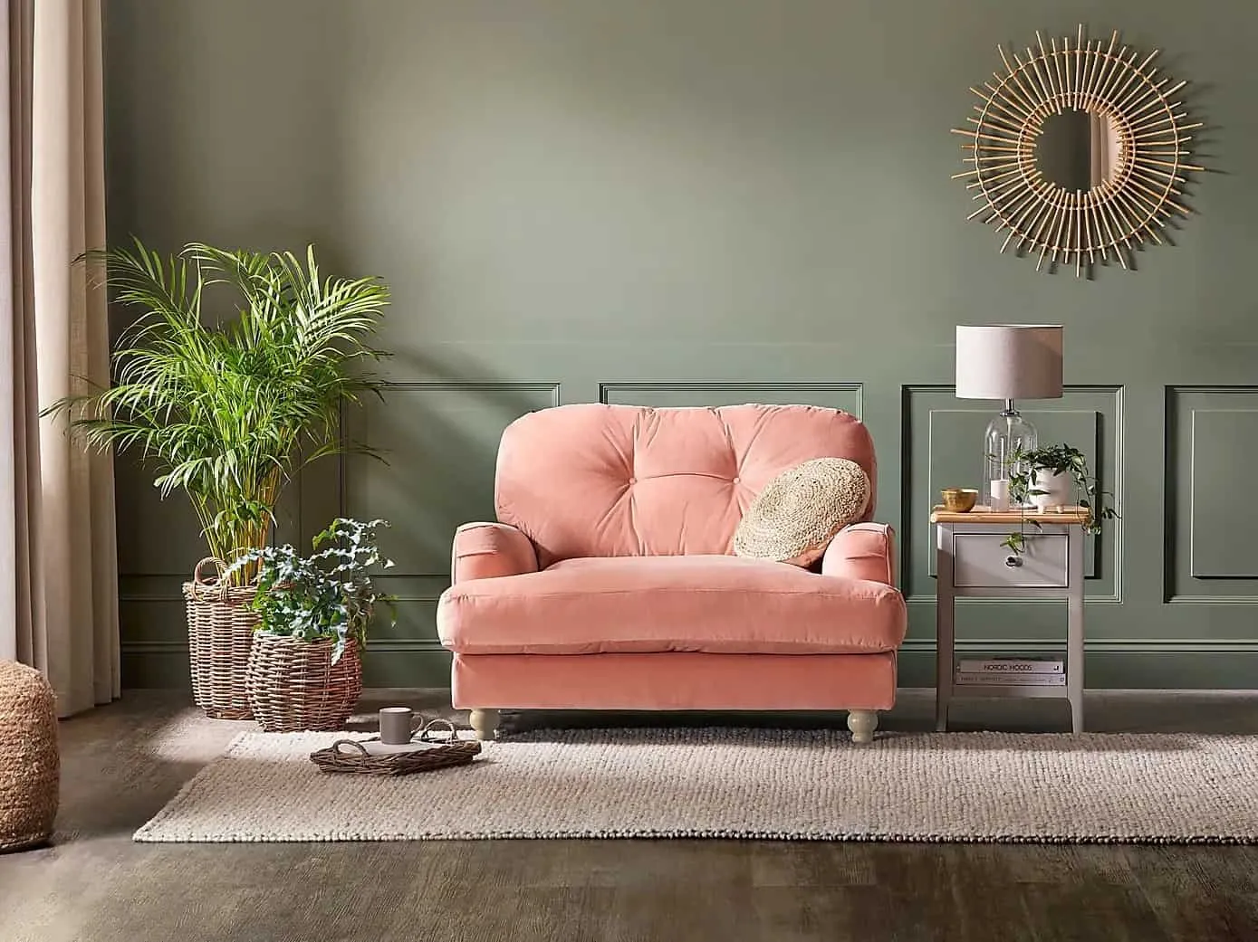 Coral velvet snuggler sofa