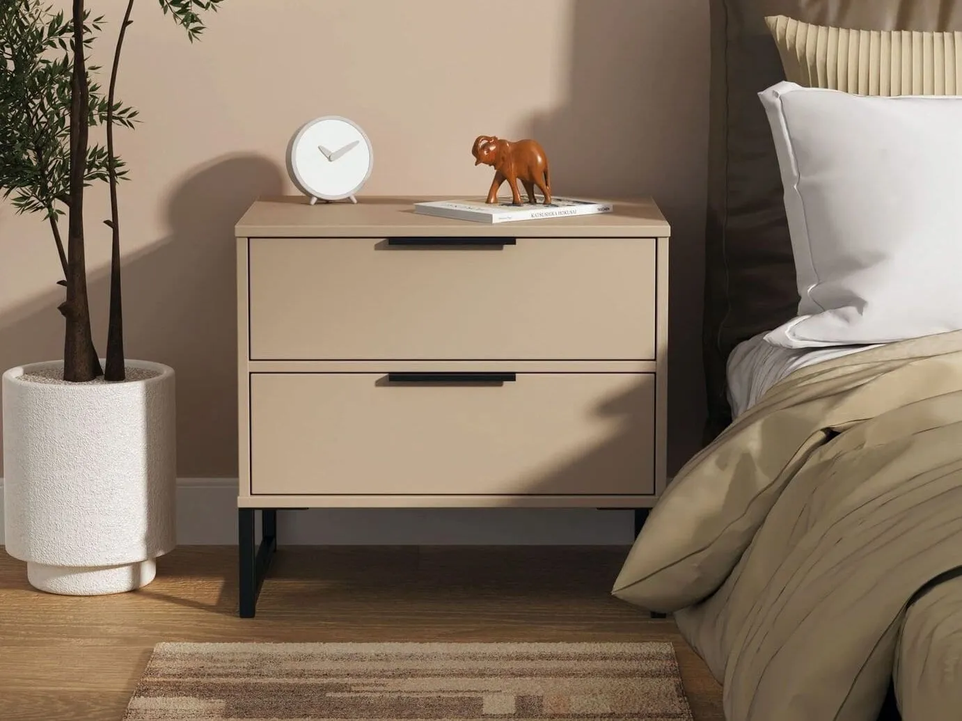 Beige drawers with black legs and pull handles