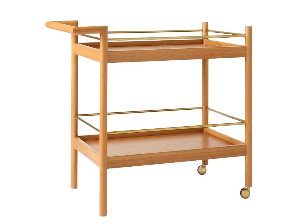 wooden bar cart with brass rails