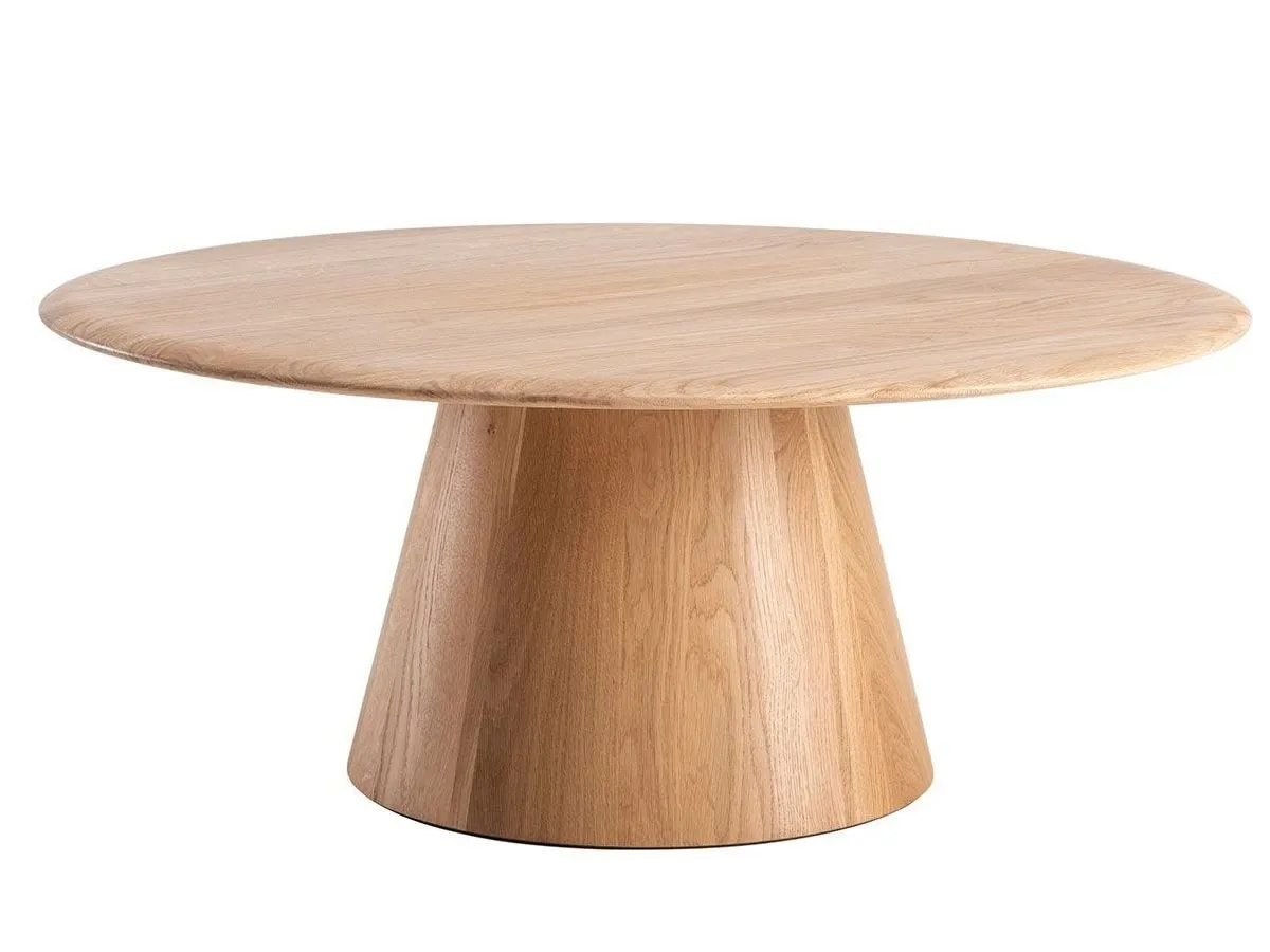 Round oak coffee table with conical pedestal base
