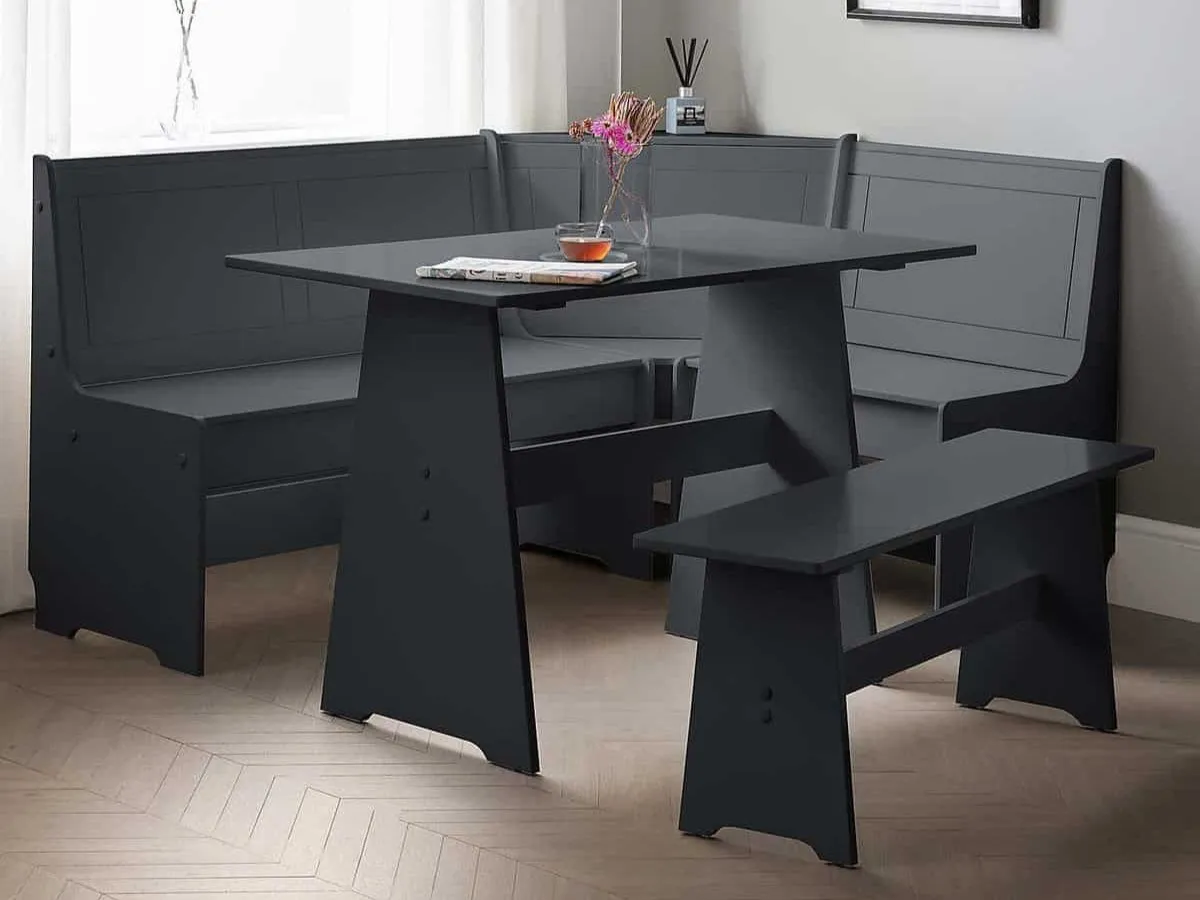 Dark grey corner bench with straight bench and dining table