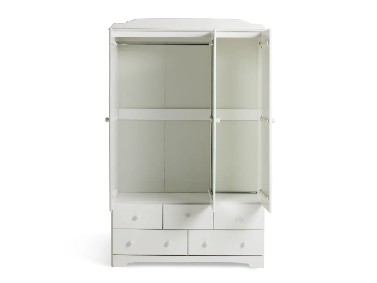 White 3 door wardrobe with 5 drawers