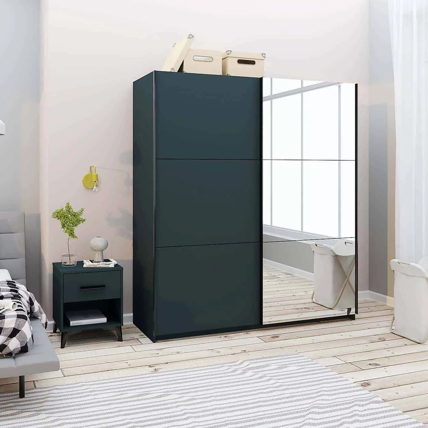 Wardrobe with one grey and one mirrored sliding door