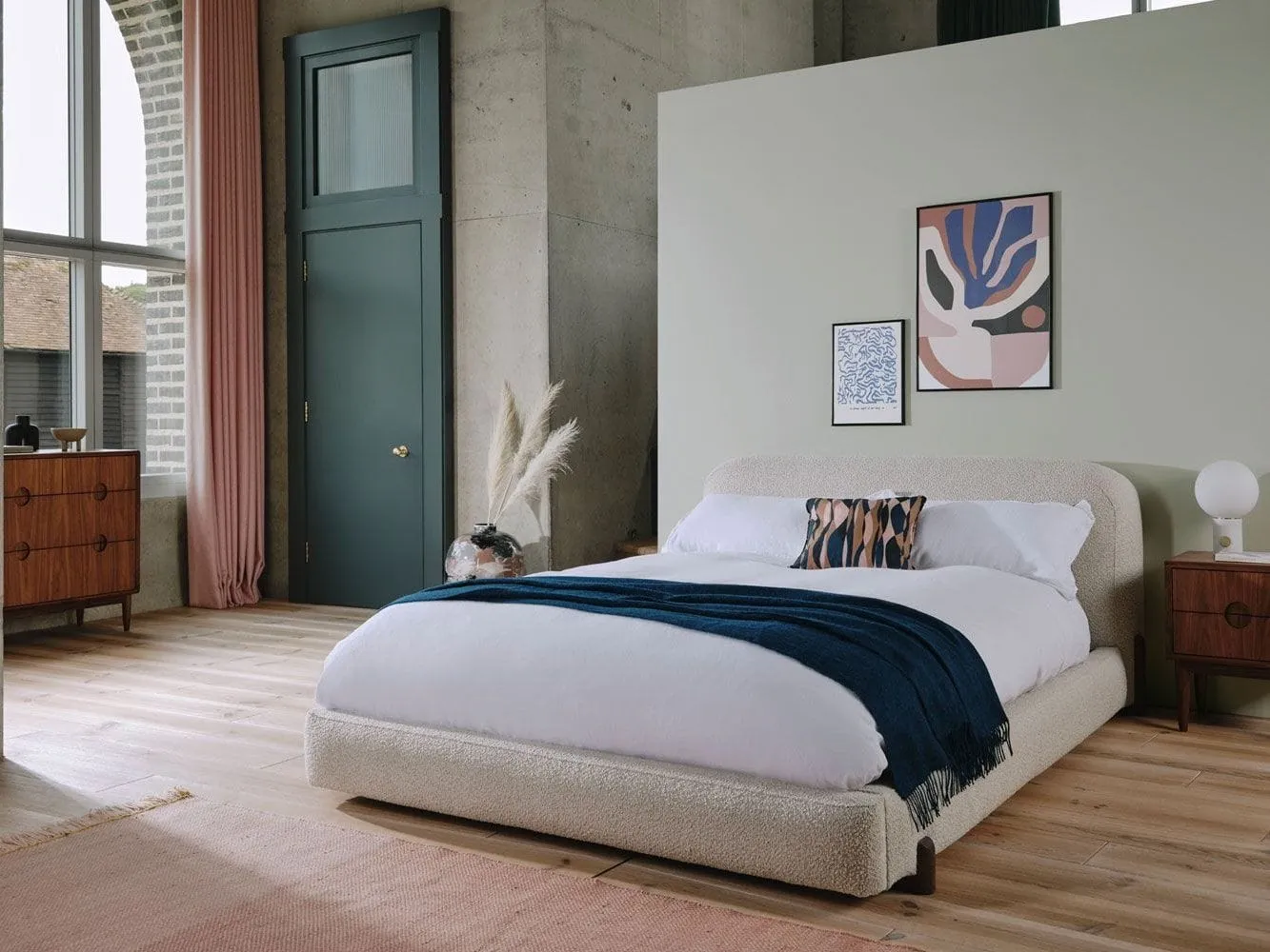 Off-White Boucle Fabric Upholstered Bed Frame
