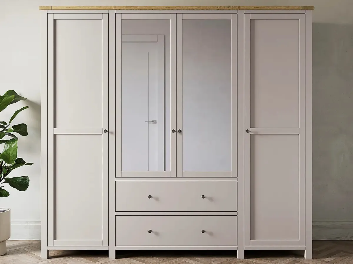 Grey 4-door wardrobe with mirrors and drawers