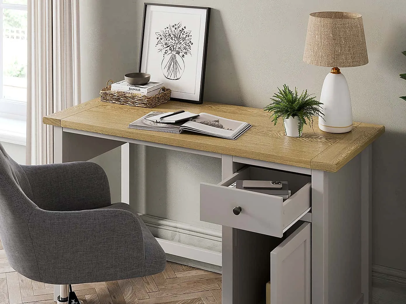 Stone grey painted desk with single drawer and cupboard and an oak finish top