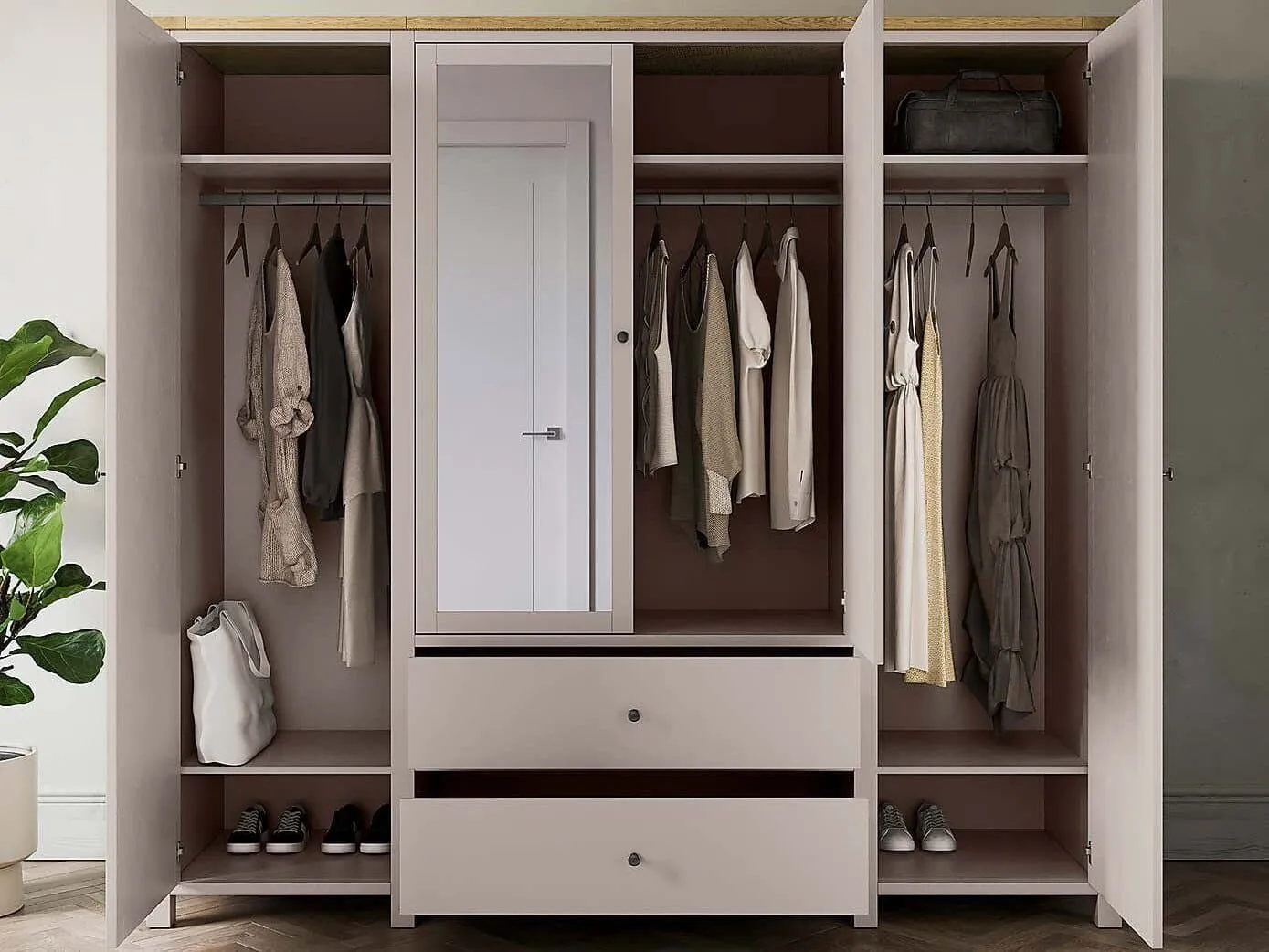 Grey wardrobe with drawers and hanging rails