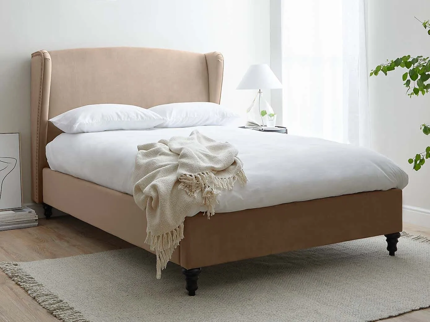 Taupe fabric upholstered bed frame