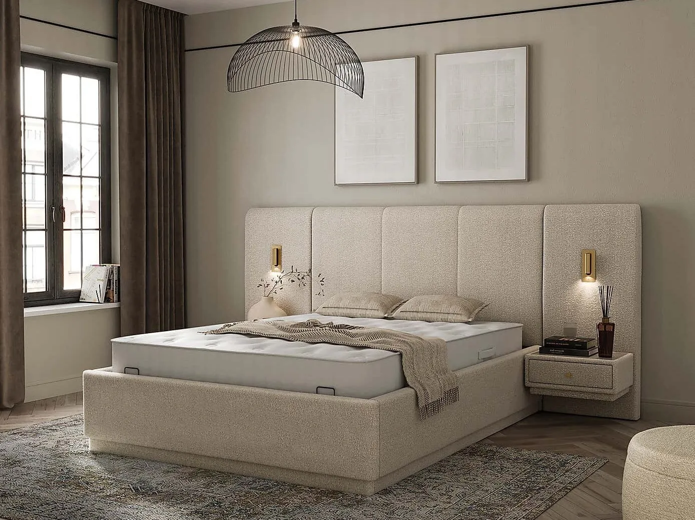Beige fabric storage bed with over-sized headboard