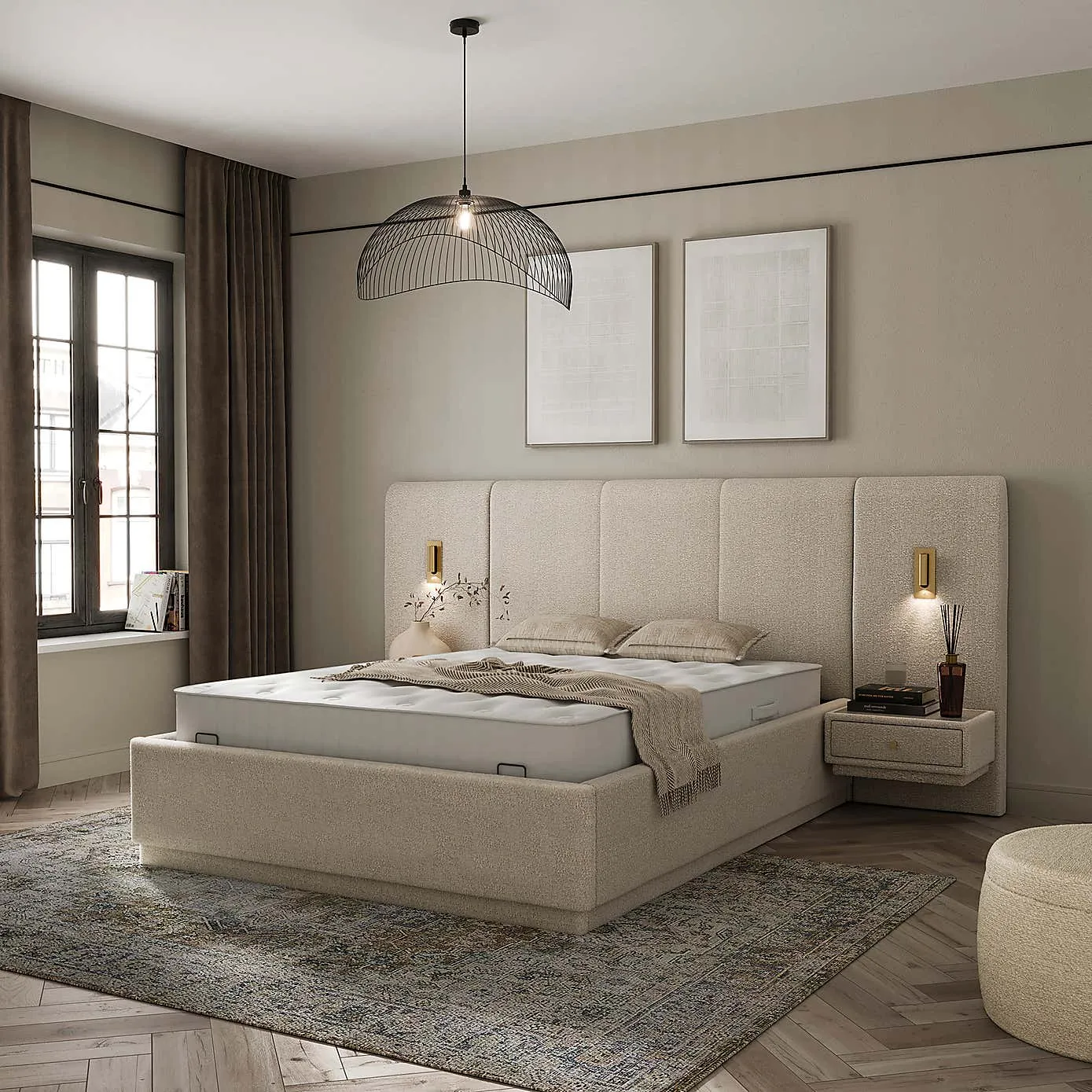 Boucle upholstered bed frame with oversized headboard and fitted bedside drawers