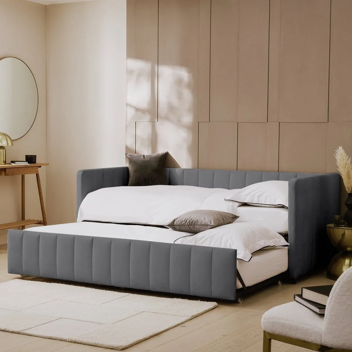 Grey velvet upholstered trundle bed