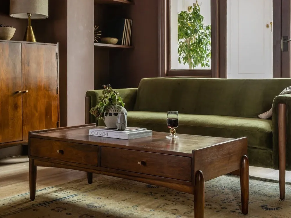 Dark mago wood coffee table with two drawers